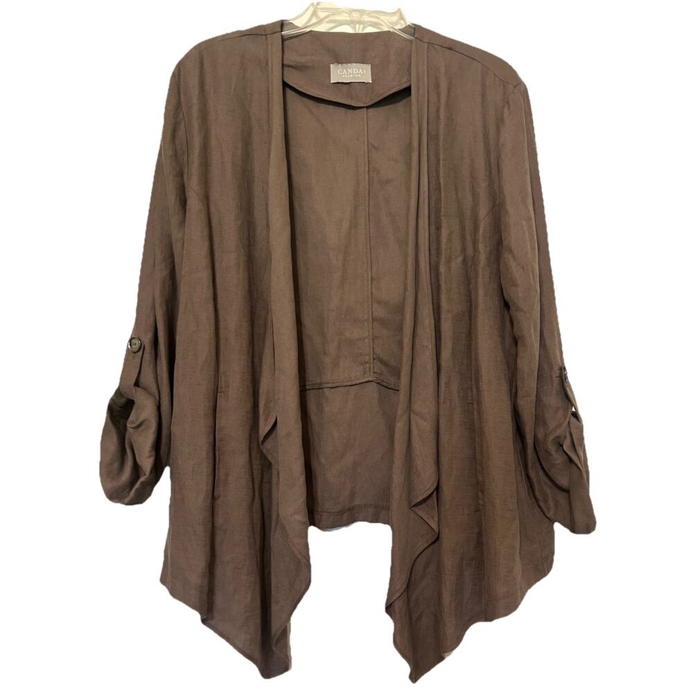 Canda Premium Linen Open Front Cardigan Brown Waterfall Plus Size EU 50 US 18/20